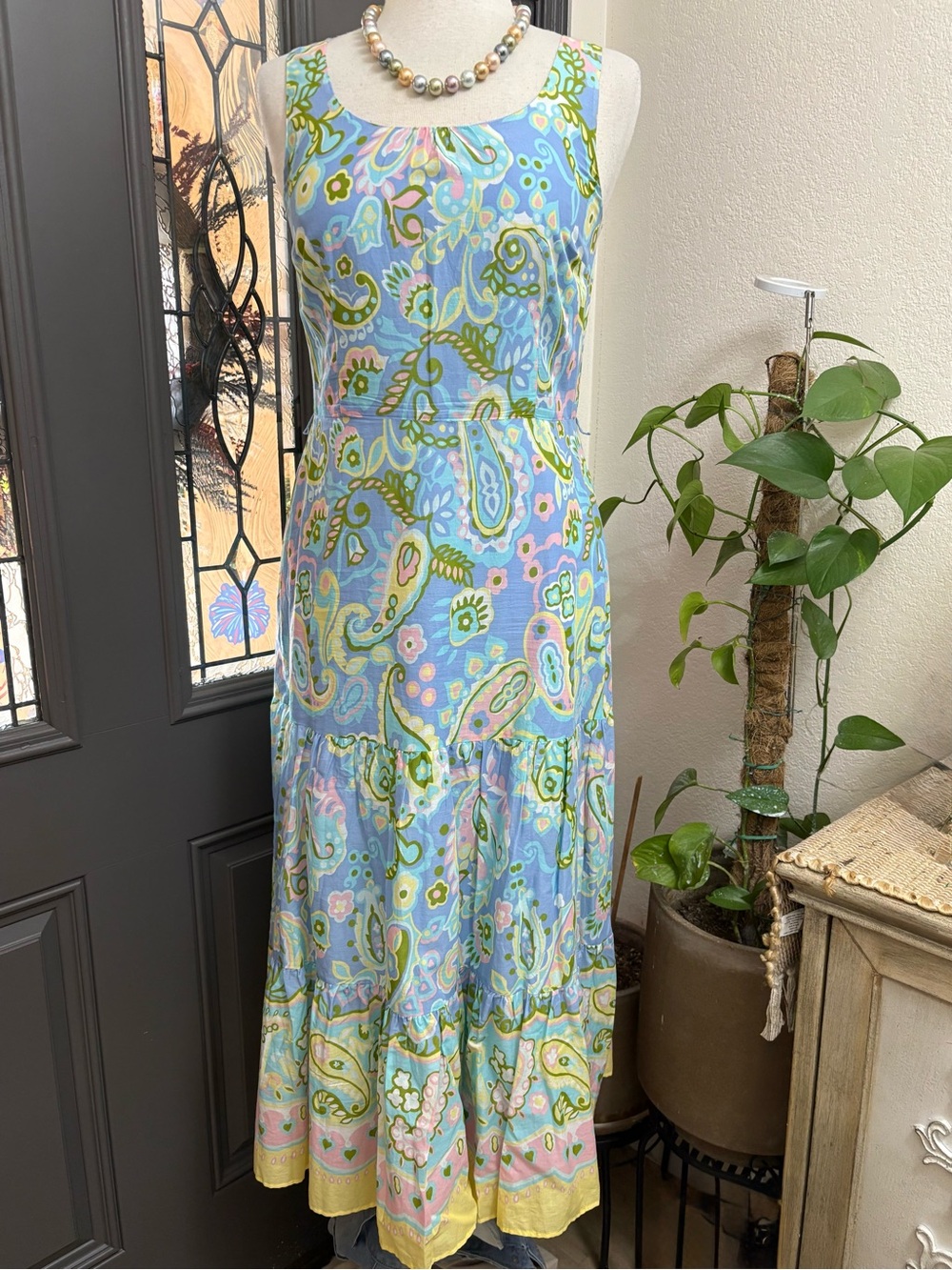 Talbots Volie 100% Cotton Sleeveless Blue Paisley Maxi Fit and Flare Dress - Picture 4 of 13